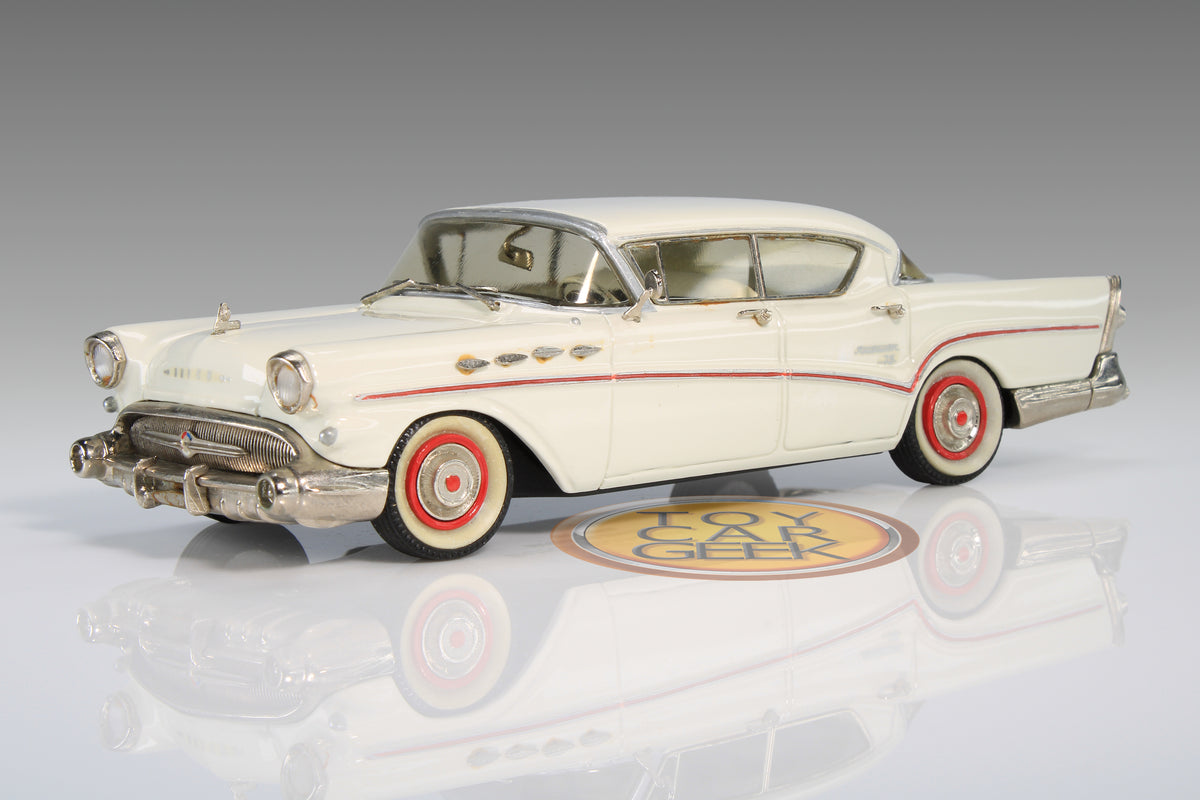 1957 Buick Roadmaster 75 Riviera HT by Conquest Models in Dover White, CON 07.
Excellent condition, but front license plate is missing. Original box and original foam are included and in good condition. Material: white metal.
This is an adult collectible, and is not intended for children.
Ships to US addresses only.