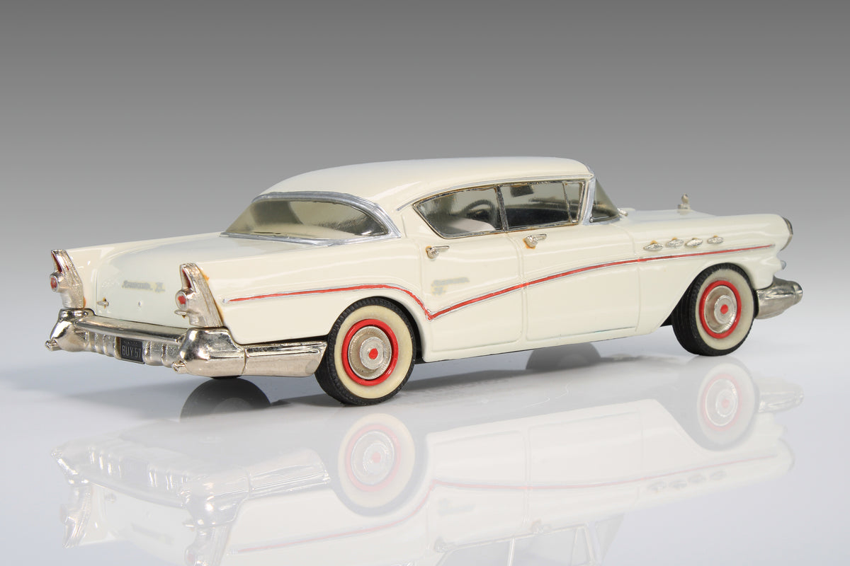 1957 Buick Roadmaster 75 Riviera HT by Conquest Models in Dover White, CON 07.
Excellent condition, but front license plate is missing. Original box and original foam are included and in good condition. Material: white metal.
This is an adult collectible, and is not intended for children.
Ships to US addresses only.