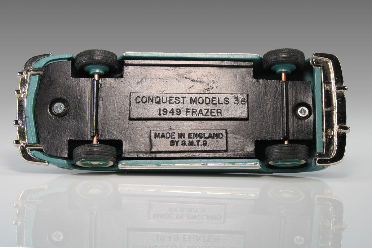 1949 Frazer Manhattan 4 DR Sedan by Conquest Models in Ocean Spray Green Met./Blade Green Met., CON 36.
Excellent condition, but rear license plate is missing. Original box is included in good condition, but the original foam is missing. It will be replaced with substitute foam. Material: white metal.
This is an adult collectible, and is not intended for children.
Ships to US addresses only.