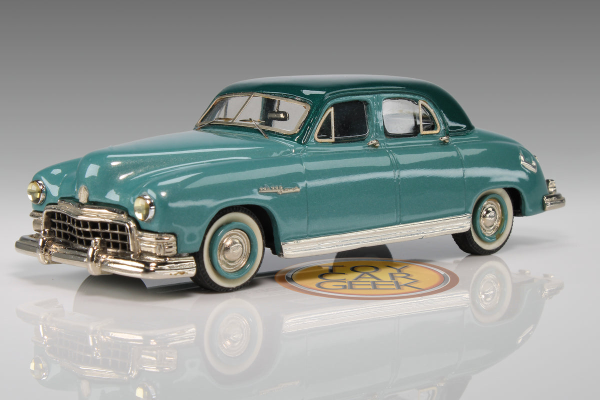 1949 Frazer Manhattan 4 DR Sedan by Conquest Models in Ocean Spray Green Met./Blade Green Met., CON 36.

Excellent condition, but rear license plate is missing. Original box is included in good condition, but the original foam is missing. It will be replaced with substitute foam. Material: white metal.

This is an adult collectible, and is not intended for children.

Ships to US addresses only.